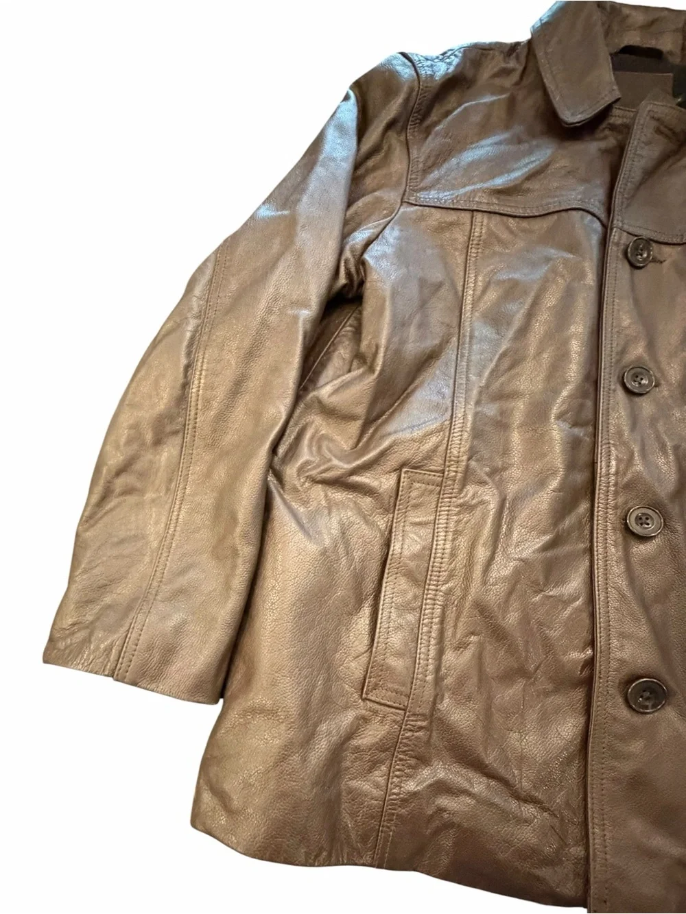 Vintage J Crew Leather Bomber Jacket Mens Medium Brown Wool Lined Button Up